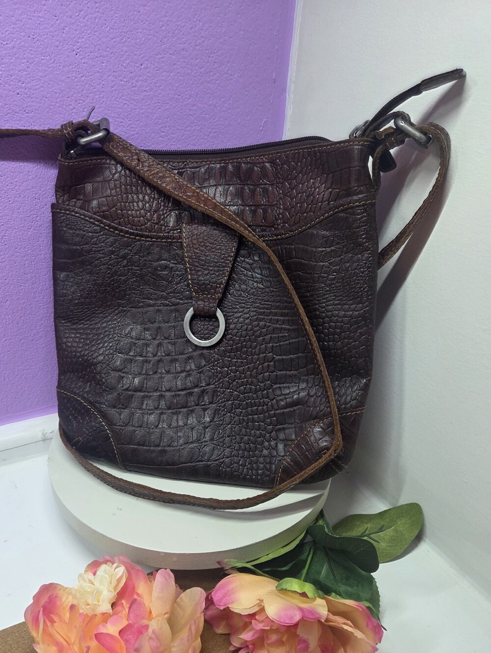 Jack Georges Brown Croc-Embossed Leather Serena Crossbody Bag